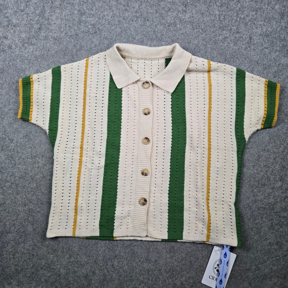 Cider Knit Polo Shirt Women XL Cream Green Striped Pointelle Button Up Beach NEW